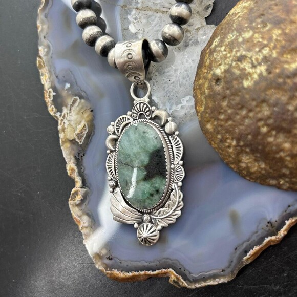 Sterling Silver Southwestern Style Oval Emerald Decorated Pendant For Women #1 - Picture 5 of 10